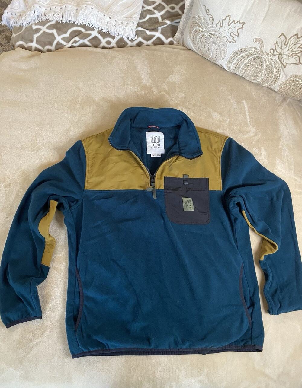 Topo Designs men's Vista Quarter-Zip Lightweight Fleece Pullover Sz.L teal/tan